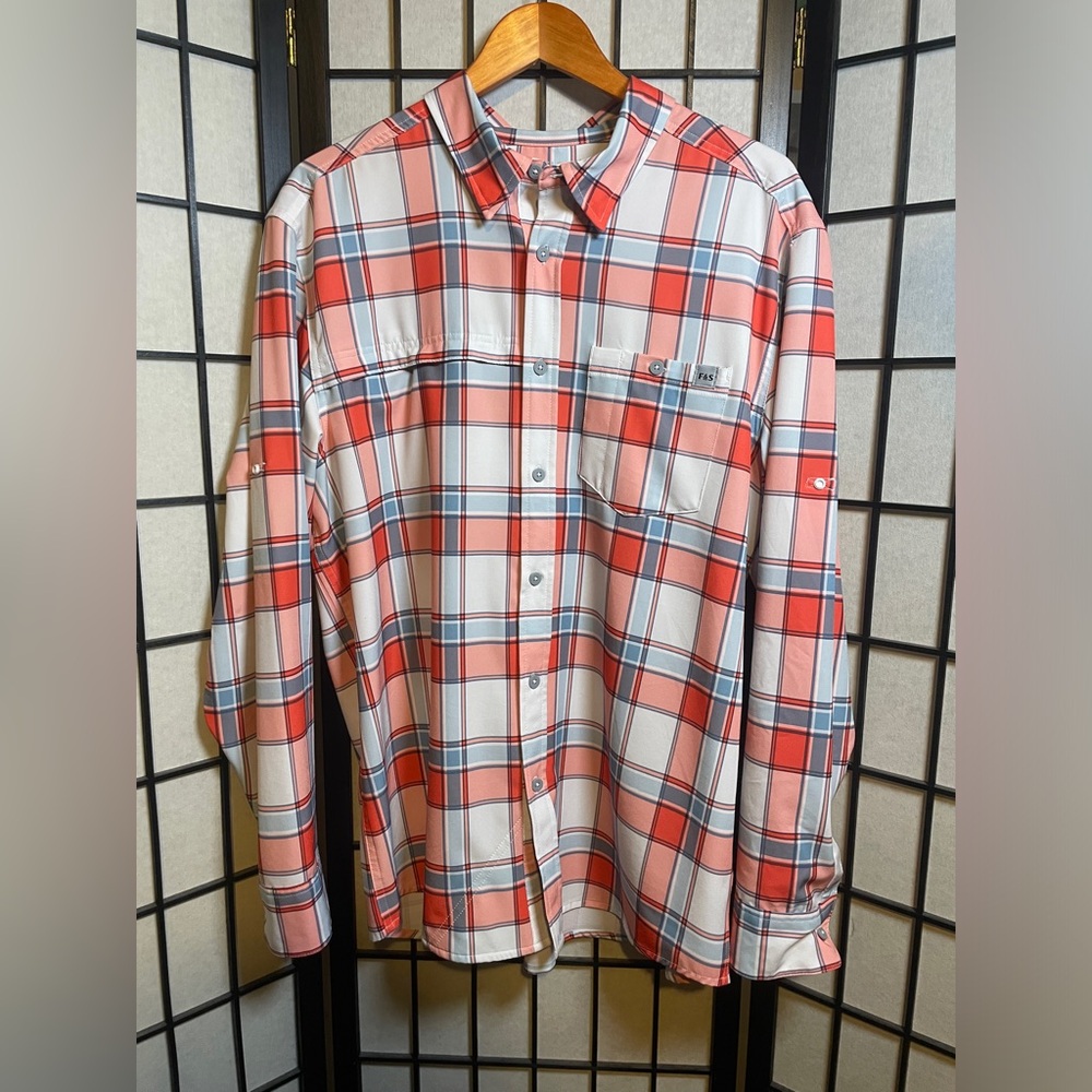 Field & Stream Outdoors Men's Button-Up 2 Pockets Orange Checkered Shirt L